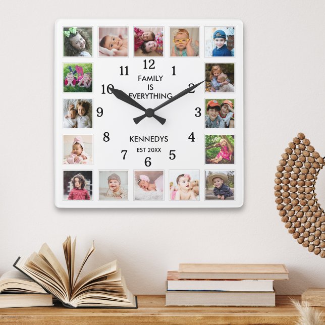 Horloge Carrée Personalized 16 Photo Collage Family Quote White (Créateur téléchargé)