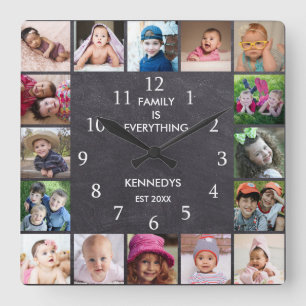 Horloge Carrée Personalized 16 Photo Collage Frame Chalkboard