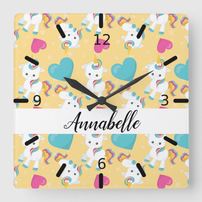 Horloge Carrée Personalized Baby Unicorns & Hearts (Recto)