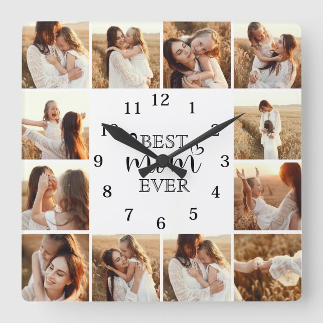 Horloge Carrée Personalized Elegant Cute Family 12 Photo Collage