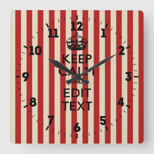 Horloge Carrée Personalized Keep Calm Your Text Popcorn Stripes