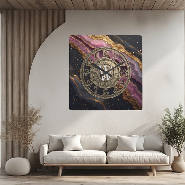 Horloge Carrée Personalized Monogram Agate Pink Rustic Metal Luxe (Personalized Monogram Agate Pink Rustic Metal Luxe Square Wall Clock)