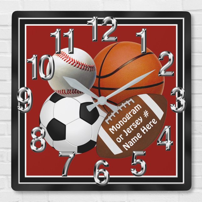Horloge Carrée PERSONALIZED Sports Wall Clocks Your TEXT (Sports bedroom decor. Sports wall clock with your Monogram, Jersey Number, Name or Your Text. Sports)