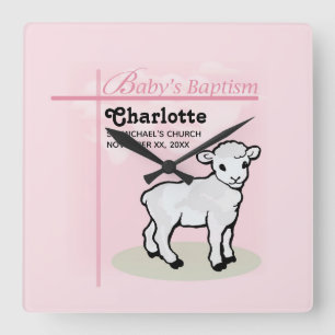 Horloge Carrée Personnalisable, Baptême, Rose, Fille, Agneau
