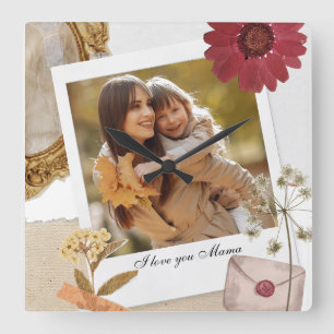 Horloge Carrée Personnalisation moderne Je t'aime Maman Photo
