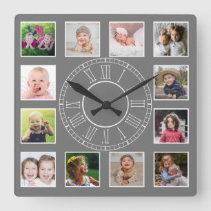 Horloge Carrée Personnalisé 12 Collage de photos de famille Gris 