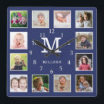 Horloge Carrée Personnalisé 12 Photo Collage Nom de famille Monog<br><div class="desc">Créez votre propre horloge murale collage photo avec 12 de vos photos préférées. L'horloge à cadre photo vous aide à chérir vos moments spéciaux et fait également un cadeau réfléchi pour les parents, grands-parents et amis. L'horloge personnalisée en fait un cadeau parfait pour toutes les occasions. Personnalisez avec le monogramme...</div>