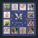 Horloge Carrée Personnalisé 12 Photo Collage Nom de famille Monog<br><div class="desc">Créez votre propre horloge murale collage photo avec 12 de vos photos préférées. L'horloge à cadre photo vous aide à chérir vos moments spéciaux et fait également un cadeau réfléchi pour les parents, grands-parents et amis. L'horloge personnalisée en fait un cadeau parfait pour toutes les occasions. Personnalisez avec le monogramme...</div>