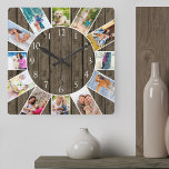 Horloge Carrée Personnalisé 12 Photo Collage Rustique Bois foncé<br><div class="desc">Créez votre propre horloge murale unique avec 12 de vos photos préférées. Le modèle photo est configuré pour que vous puissiez ajouter vos images en travaillant dans le sens des aiguilles d'une montre depuis le haut. Ce beau design en bois foncé a des chiffres blancs et sera superbe avec un...</div>