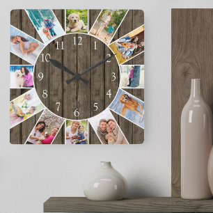 Horloge Carrée Personnalisé 12 Photo Collage Rustique Bois foncé