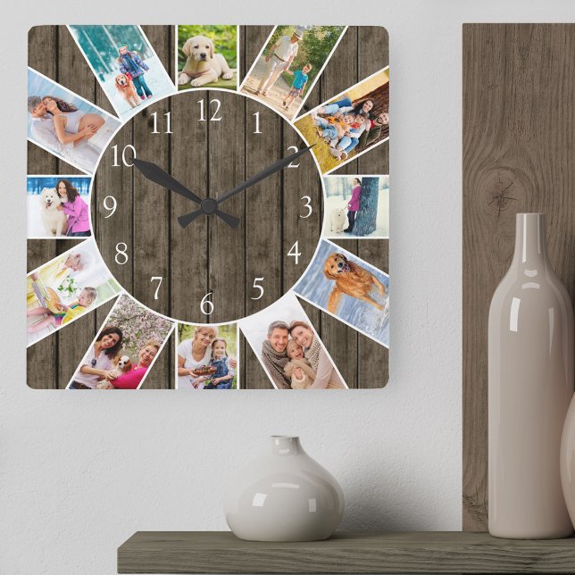 Horloge Carrée Personnalisé 12 Photo Collage Rustique Bois foncé (Photo clock with 12 photos, one at each hour. Great design for your home or a thoughtful photo gift.)