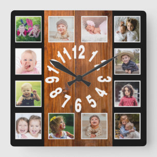 Horloge Carrée Personnalisé 12 Photo Collage Rustique Brown Bois