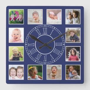 Horloge Carrée Personnalisé 12 Photo de famille Collage bleu chif