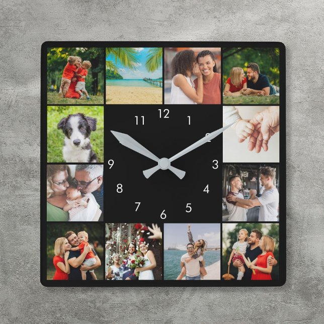 Horloge Carrée Personnalisé 12 Photo de famille Collage noir (Personalized 12 Family Photo Collage Black Square Wall Clock)