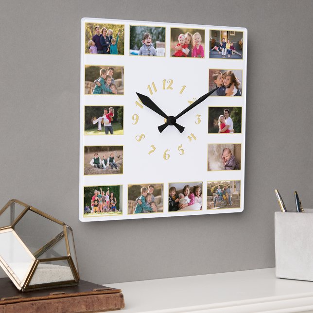 Horloge Carrée Personnalisé 14 Photo Collage Mariage Anniversaire (Custom 14 Photo Collage Wedding Anniversary Family Square Wall Clock)