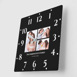 Horloge Carrée Personnalisé 3 sections Famille Photo Collage Blac