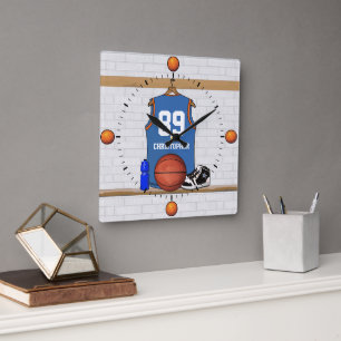 Horloge Carrée Personnalisé bleu orange Basketball Jersey mur c
