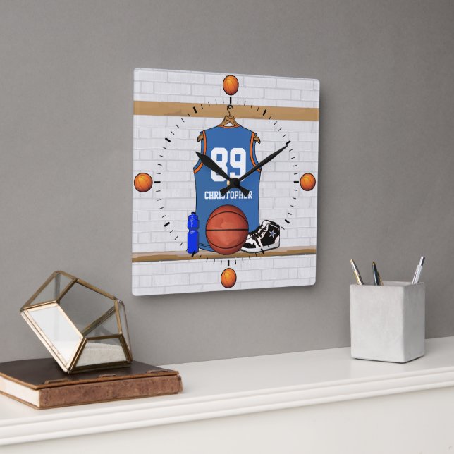 Horloge Carrée Personnalisé bleu orange Basketball Jersey mur c (Bureau)