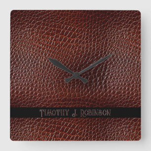 Horloge Carrée Personnalisé Faux Cuir Brown Embossé
