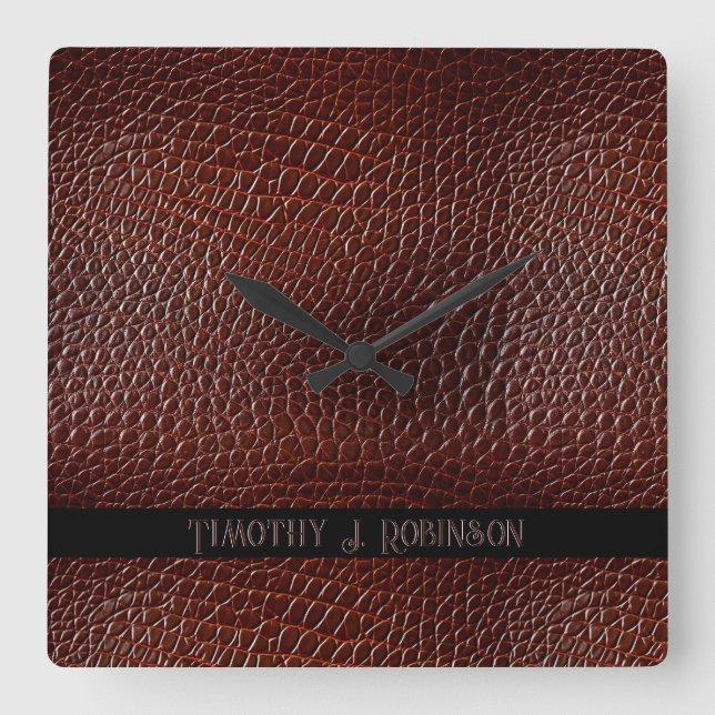 Horloge Carrée Personnalisé Faux Cuir Brown Embossé (Recto)