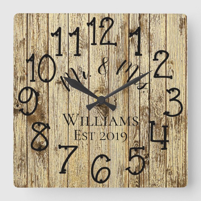 Horloge Carrée Personnalisé Rustique Bois Brun Sur Mesure (Recto)