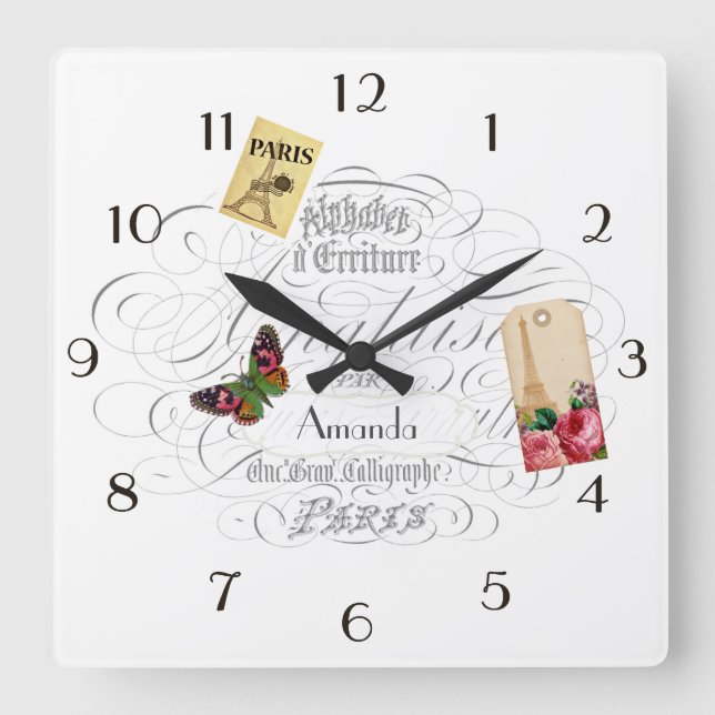Horloge Carrée Personnalisé sur le thème de Paris vintage (Recto)