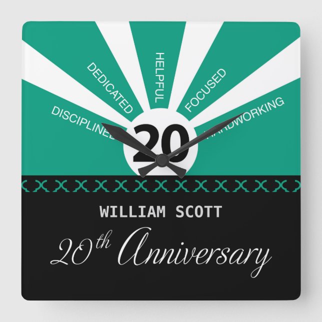 Horloge Carrée Personnaliser, 20e anniversaire d'employé d'entrep (Recto)