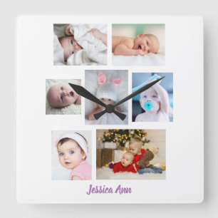 Horloge Carrée Personnaliser 7 Photos et nom bébé, Blanc
