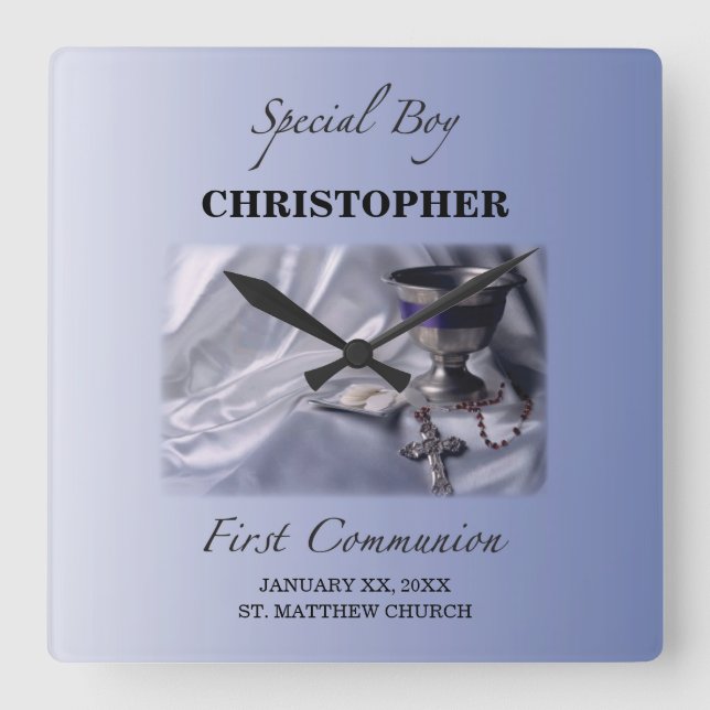 Horloge Carrée Personnaliser, Garçon, bleu première communion (Recto)