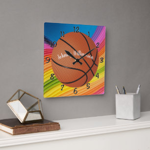 Horloge Carrée Personnaliser le basket-ball avec le nom coloré