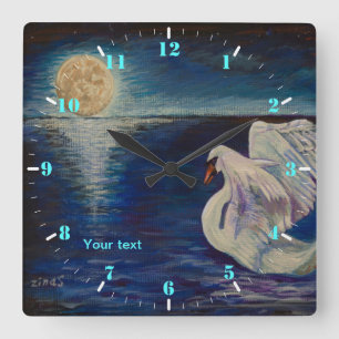 Horloge Carrée Personnaliser le cygne dans le lac à pleine lune