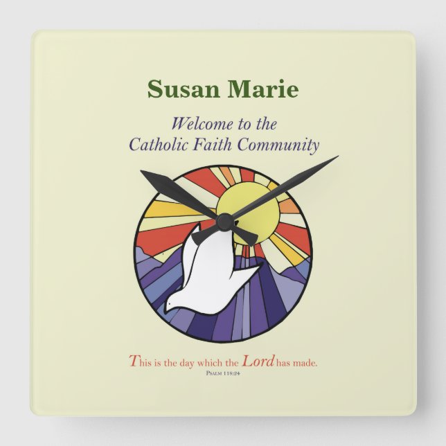 Horloge Carrée Personnaliser le nom, RCIA Dove Circle sur Jaune (Recto)