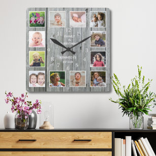Horloge Carrée Personnalized 12 Photo Collage Rustic Gray Wood
