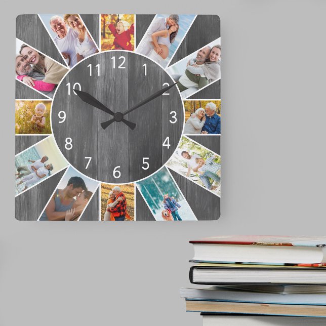Horloge Carrée Personnalized Family Photo Collage Grey Wood (Photo clock with 12 photos, one at each hour. Great design for your home or a thoughtful photo gift.)