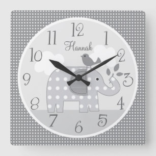 Horloge Carrée Personnalized Gray Dot Elephant Nursery Baby Clock