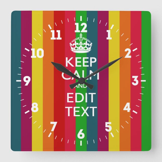 Horloge Carrée Personnalized Keep Calm Your Text Rainbow Stripes (Recto)