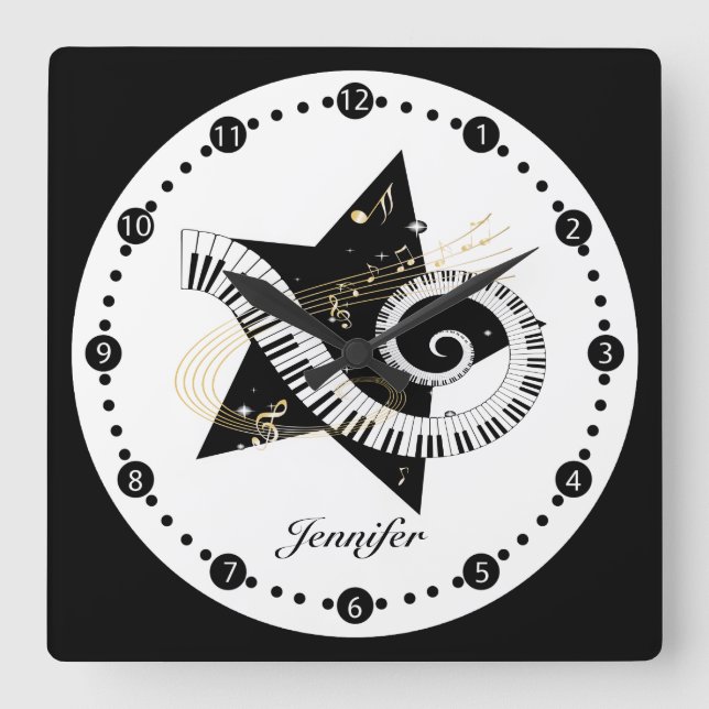 Horloge Carrée Personnalized Musical Star Golden Notes wall clock (Recto)