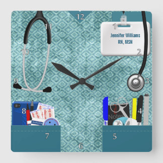 Horloge Carrée Personnalized Nurse Scrubs à Teal Pattern