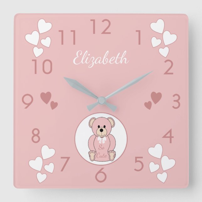Horloge Carrée Personnalized Pink Teddy Bear baby (Recto)