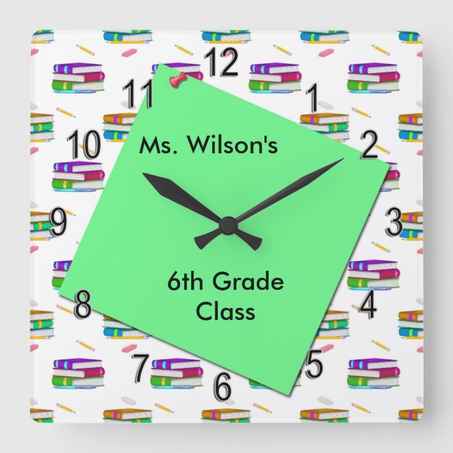 Horloge Carrée Personnalized Teacher Books Green Paper Clock (Recto)