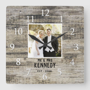 Horloge Carrée Personnalized Wedding Photo Anniversary Rustic Woo