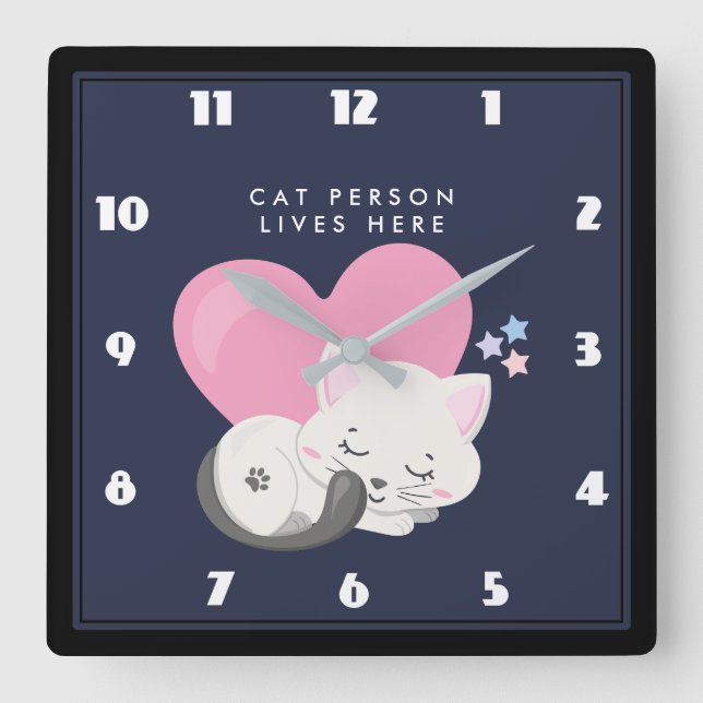 Horloge Carrée Personne Chat Texte mignon Blanc Kitty Chat Dormir (Recto)