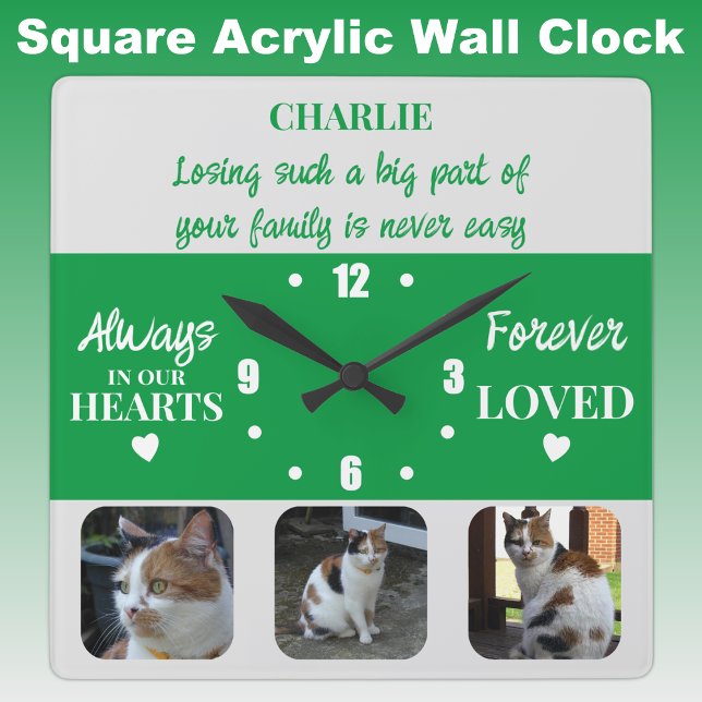 Horloge Carrée Perte de chats Keepsaké Memorial vert (Créateur téléchargé)