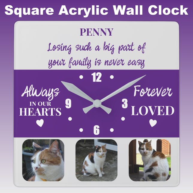 Horloge Carrée Perte de chats Keepsaké Memorial violet (Créateur téléchargé)