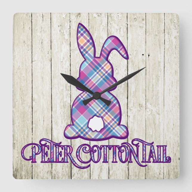 Horloge Carrée Peter Cottontail Purple Plaid Bunny de Pâques (Recto)
