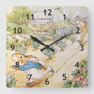 Horloge Carrée Peter le lapin dans le jardin de M. Mc Gregor
