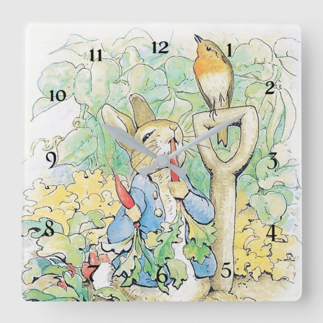 Horloge Carrée "Peter Rabbit mange une carotte" par Beatrix Potte (Recto)