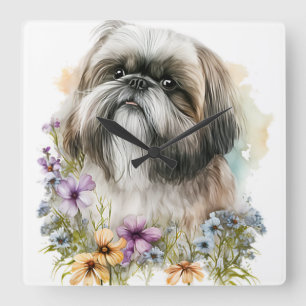 HORLOGE CARRÉE PETIT CHIEN LHASA APSO AVEC FLEUR SAUVAGE