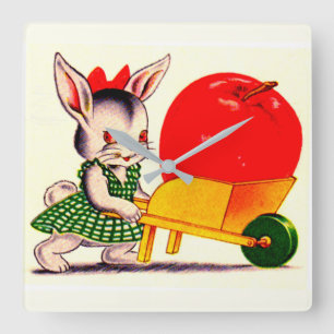 Horloge Carrée petit lapin poussant chariot avec grande grande po