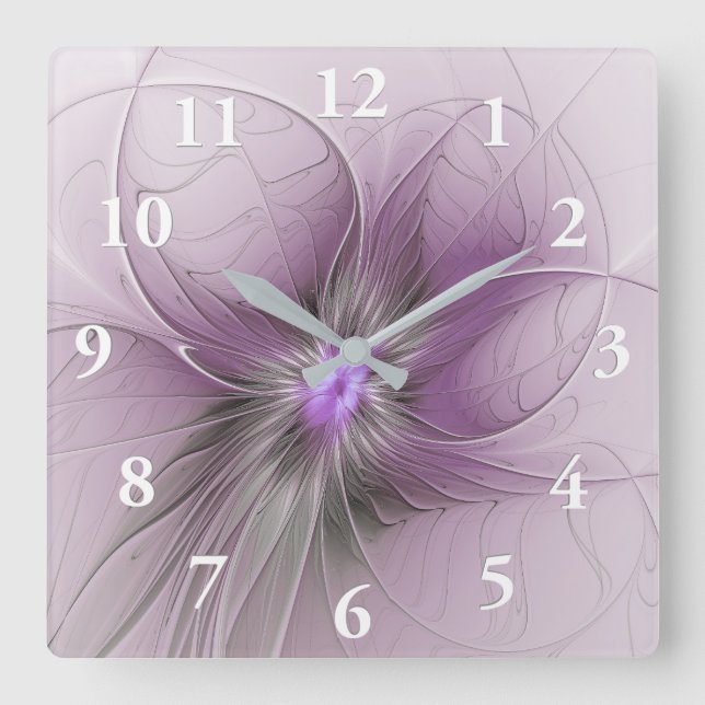 Horloge Carrée Petite Beauté Moderne Mauve Grey Fractal Art Flowe (Recto)